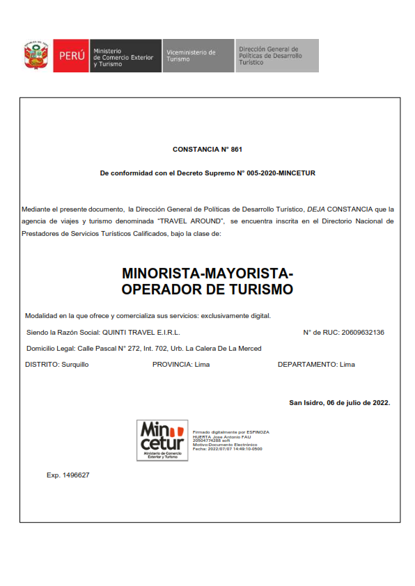 Constancia de agencia de viajes MINCETUR