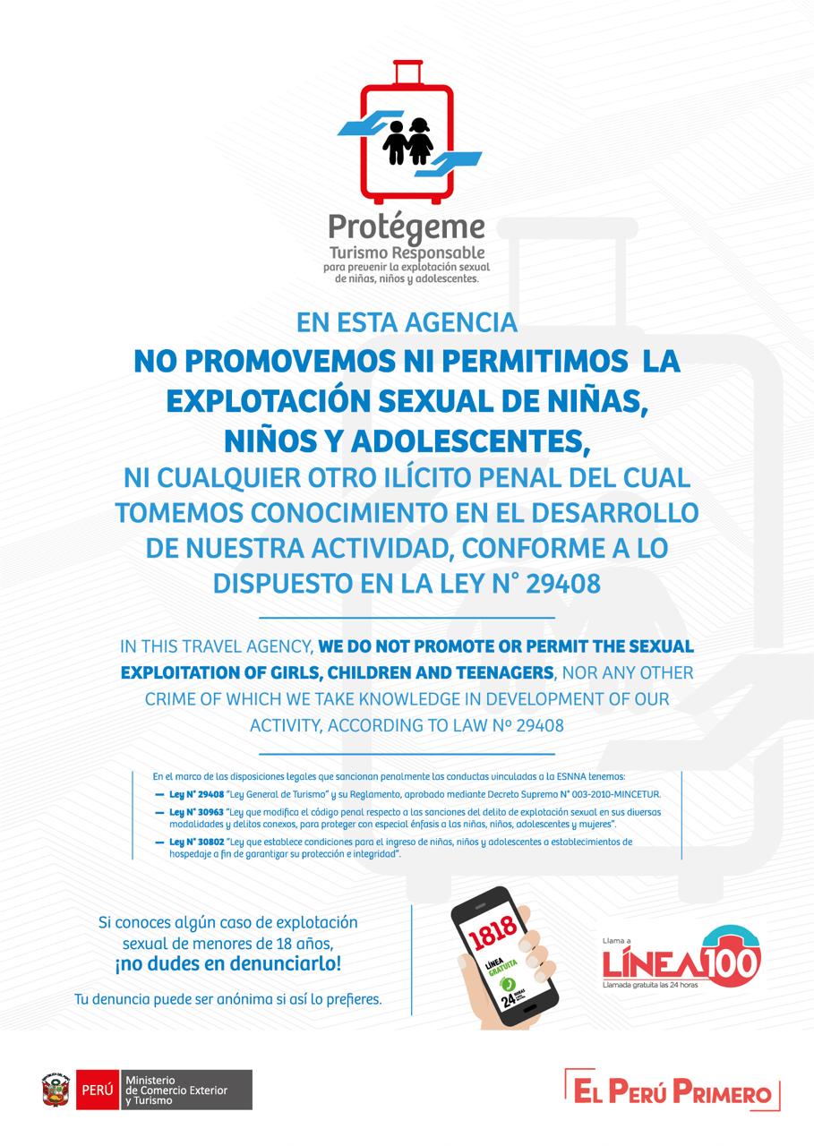 Afiche Protégeme: esta agencia no promueve ni permite la explotación sexual de niñas, niños y adolescentes, conforme a la Ley N° 29408